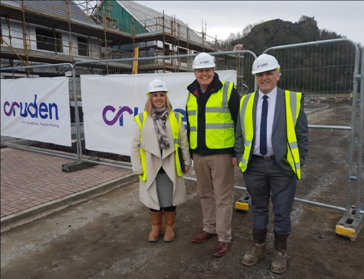 From left to right: Hazel Davies, Cruden Homes sales and marketing director; Gordon Fullarton Cruden Homes head of construction and local MP Stephen Kerr