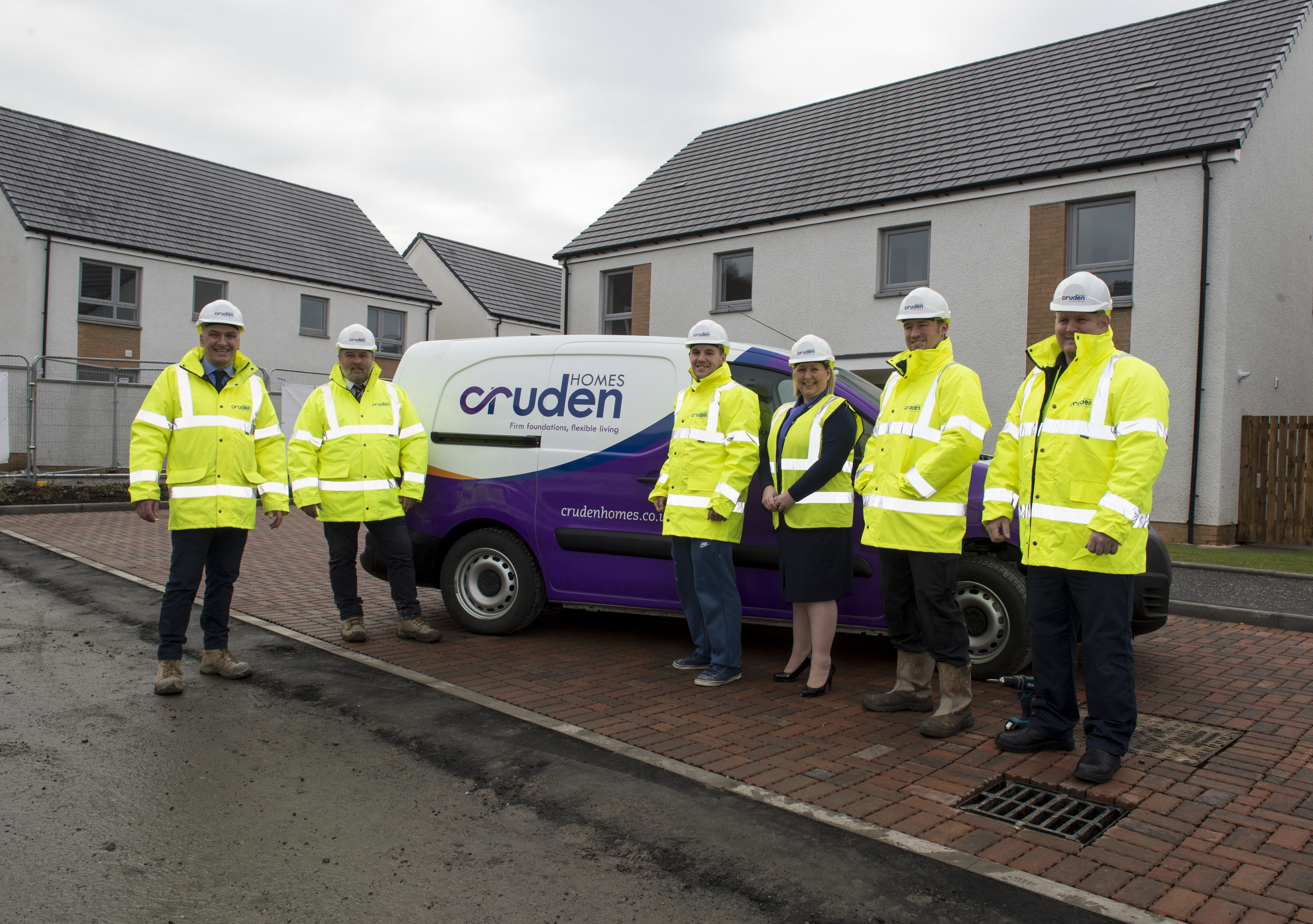 left to right: Iain Hunter, Site Manager; George Bagan, Assistant Site Manager; Craig Stevenson, Painter and Decorator; Audrey Sanders, Sales Adviser; Glen Sancroft, Assistant Site Manager; Stuart Dick, Customer Care Foreman.